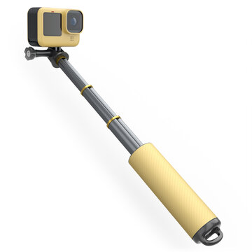 Photo and video lightweight yellow action camera with selfie stick on white
