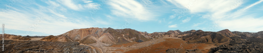 Wall mural Panoramic aerial view of Landmannalaugar landscape at summer sunset, Iceland.