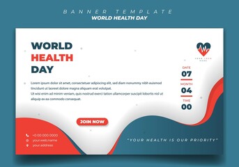 World Health Day banner template with blue, orange, and white in landscape background.