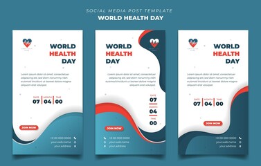 Set of Portrait social media post template for world health day with white, orange and blue background.