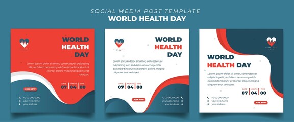 Set of Square social media post template for world health day with white orange and blue background.