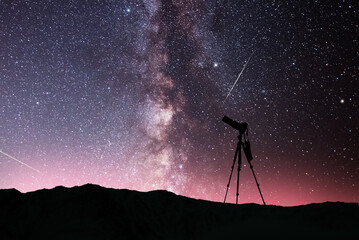 Camera silhouette on tripod stands on the hill in the in the starry night. Bright milky way galaxy.