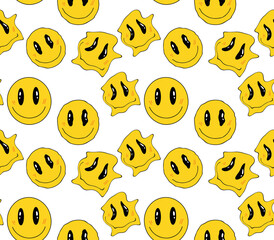 Seamless yellow distorted melting smiley face illustration pattern for fabric, wallpaper or wrapping paper. Vector illustration