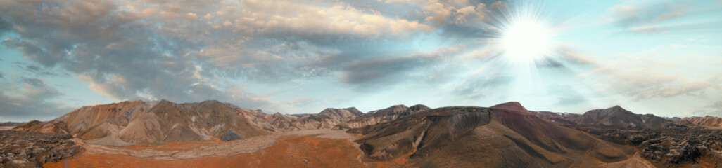 Panoramic aerial view of Landmannalaugar landscape at summer sunset, Iceland.