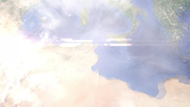 Zoom in from space and focus on Tunisia, Sousse. 3D Animation. Background for travel intro. Elements of this image furnished by NASA