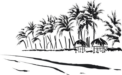 A beach holiday scenery, panoramic beach view. Relaxed atmosphere, beach, palm trees, bungalows. Minimalistic black and white vector image for postcards, web-sites, t-shirts - obrazy, fototapety, plakaty