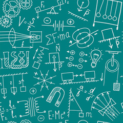 Phisics symbols doodle seamless pattern. Science subject cover template design. Education study concept. Back to school sketchy background for notebook, not pad, sketchbook. Hand drawn illustration. - 482912760