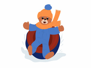 Cartoon bear sits in a tubing. A young bear child rides down a hill on an ice rink. Winter games, entertainment for children, outdoor walks. Colored flat illustration isolated on white background.