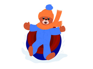 Cartoon bear sits in a tubing. A young bear child rides down a hill on an ice rink. Winter games, entertainment for children, outdoor walks. Colored flat illustration isolated on white background.