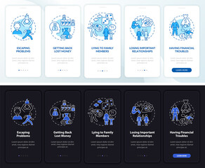 Compulsive gambling night and day mode onboarding mobile app screen. Walkthrough 5 steps graphic instructions pages with linear concepts. UI, UX, GUI template. Myriad Pro-Bold, Regular fonts used