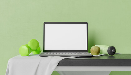 mockup of laptop on a gym bench