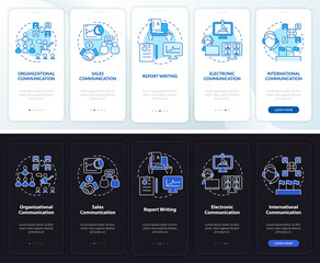 Corporate communication night and day mode onboarding mobile app screen. Walkthrough 5 steps graphic instructions pages with linear concepts. UI, UX, GUI template. Myriad Pro-Bold, Regular fonts used