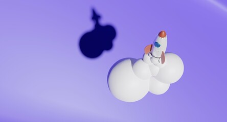 Red and White Cartoon Spaceship Flying on Blue Background with Copy Space 3D Illustration