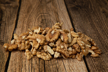 Walnuts on a wooden background.A natural protein product.