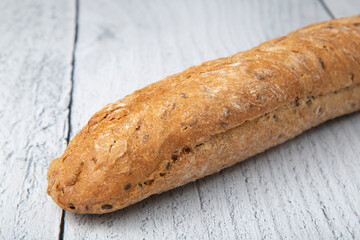 Baguette of grain bread.Grain bread.Healthy breakfast.
