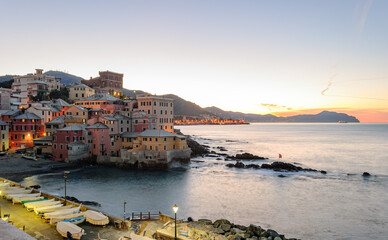 Obraz premium Boccadasse, a small seaside district of Genoa, before the sunrise (Liguria, Italy)