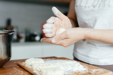 Women's hands mold delicious cheesecakes. Women's hands with flour close-up.