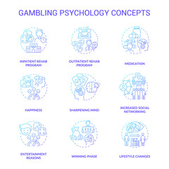 Gambling psychology blue gradient concept icons set. Addiction and mental issues idea thin line color illustrations. Isolated outline drawings. Roboto-Medium, Myriad Pro-Bold fonts used