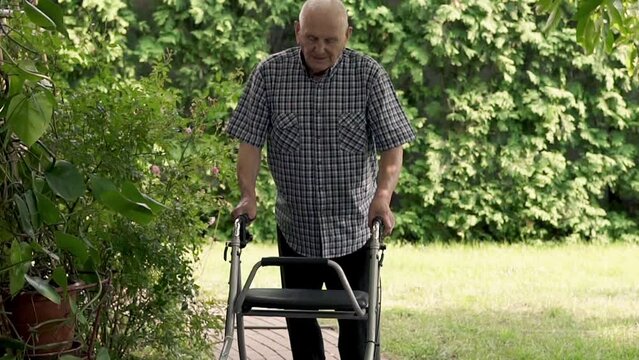 Senior man with walker in the garden   
