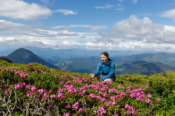 Young happy woman sitting among blooming wild rhododendron. Rhododendron flowers blossom on the Ukraine peak Pip Ivan located in mountain region Maramures. Springtime trekking in Carpathian mountains.