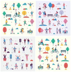 Stickers muraux Licornes People in park icons collection, trees and benches lantern illuminating light, couples having fun walking, playing tennis vector illustration