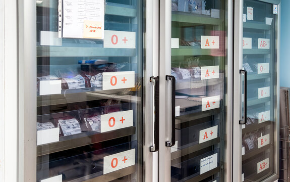 Refrigerated Cabinet With Stocks Of Blood Bags In The Hospital