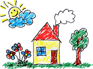 Vector Kids drawing. Drawing made by a child. Children's illustration of a house with a chimney and smoke. It has a garden with colorful flowers, grass and a tree. A sky with clouds and a smiling sun.