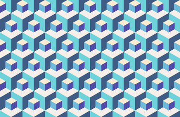 Abstract isometric background of small and large blue cubes. Vector geometric pattern