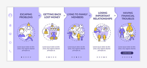 Symptoms of compulsive gambling purple and white onboarding template. Responsive mobile website with linear concept icons. Web page walkthrough 5 step screens. Lato-Bold, Regular fonts used