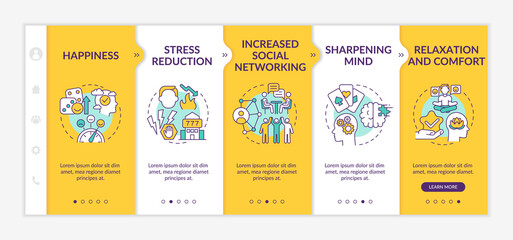 Gambling positive traits yellow onboarding template. Rest and fun. Responsive mobile website with linear concept icons. Web page walkthrough 5 step screens. Lato-Bold, Regular fonts used