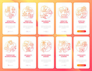 Climate change red gradient onboarding mobile app screen set. Walkthrough 5 steps graphic instructions pages with linear concepts. UI, UX, GUI template. Myriad Pro-Bold, Regular fonts used