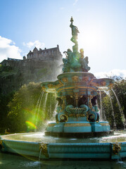 Edinburgh Castle and Ross Fountain, taken in from Princes's Street Gardens.