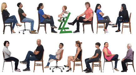 side view of a group of people sitting on white background