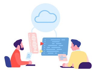 Programmers coding cloud computing software. Digital service development