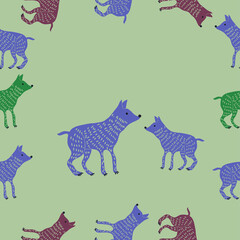 Seamless decorative  colored dogs . Hand drawn.