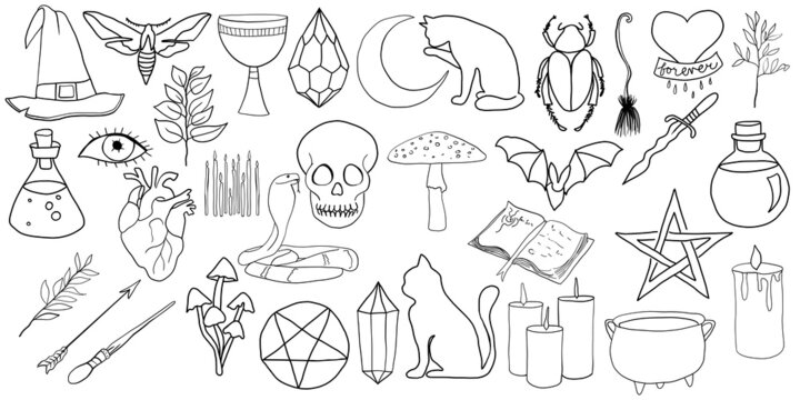 Hand drawn graphic clipart, Witch elements, Magic illustrations, Mystic doodle collection, Halloween doodles, Black magic isolated images, Creepy simple witch elements, Alchemy linear collection,