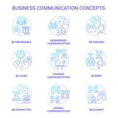 Business communication blue gradient concept icons set. Employee-boss relationship idea thin line color illustrations. Isolated outline drawings. Roboto-Medium, Myriad Pro-Bold fonts used