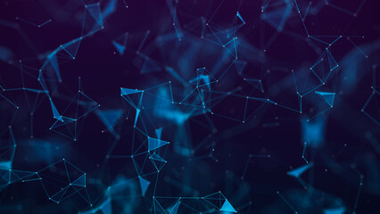 Abstract dark background with moving lines and dots with blue triangles. The concept of big data. Network connection. Internet connection worldwide. 3d rendering.