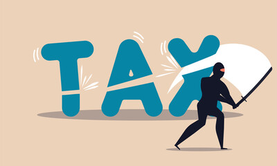 Financial tax reduction and slash with sword ninja taxation. People loss money and investment vector illustration concept. Government reform for money and deduction income pay. Business budget fee © GOLDMAN