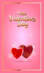 Valentine's day vector background with two hearts. Golden text on pink background