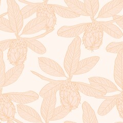 Seamless pattern with magnolia flowers branch and seeds on a beige background in line art.