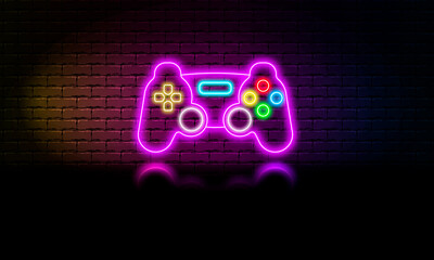 Neon game joystick icon, glowing joystick on a brick wall background, vector illustration