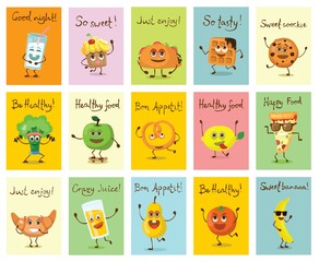 Cute funny food and drink characters set, best friends, funny fast food menu vector Illustrations. Flat vector illustration use for web page, card, poster, banner.