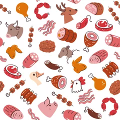 Poster Meat seamless pattern. Pieces of meat and meat products. Food ingredients for cooking illustration. Isolated colorful hand-drawn ingredients on white background. Vector illustration. © insemar