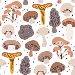 Mushrooms seamless pattern. Food ingredients for cooking illustration. Isolated colorful hand-drawn ingredients on white background. Vector illustration.
