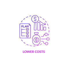 Lower costs purple gradient concept icon. Strategy to decrease price for technology. Web 3 0 abstract idea thin line illustration. Isolated outline drawing. Myriad Pro-Bold fonts used
