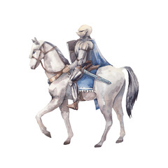 Watercolor knight. Fantasy cartoon illustration. Isolated warior on white background