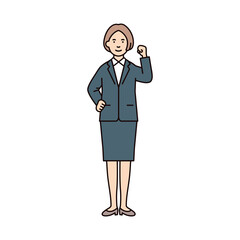 人物_女性_スーツ_全身_腰に手をあて拳を上げる_左手