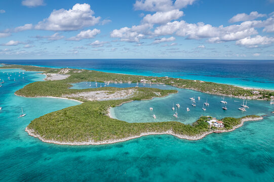 The drone aerial view of Stocking Island, Great Exuma, Bahamas.