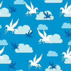 Pegasus flying against the background of the sky and clouds pattern seamless